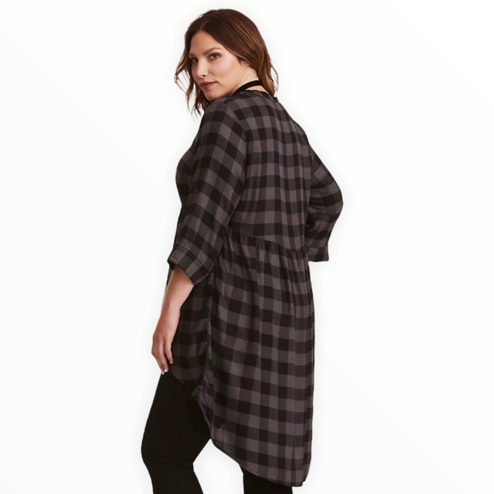 Torrid Black Grey Buffalo Check Button Front Challis Baby Doll Tunic, 2, 2X - Picture 10 of 11